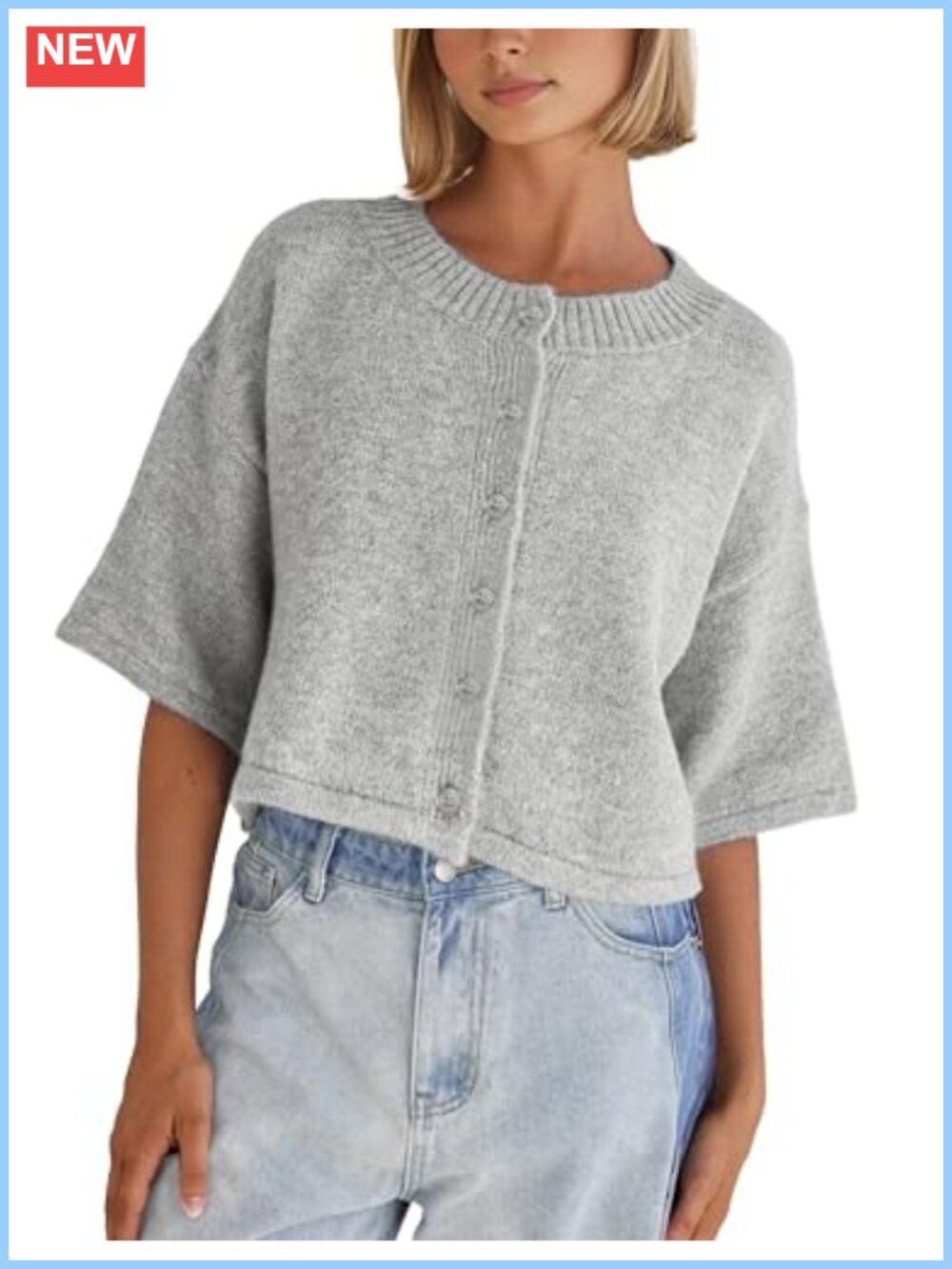 Lightweight Cropped Knit Cardigan Button-Up 3/4 Sleeve Casual Sweater
